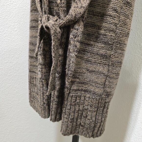 Brown Belted Cable Knit Funnel Cowl Neck Sweater Dress Womens Sz LP Short Sleeve - Picture 3 of 9
